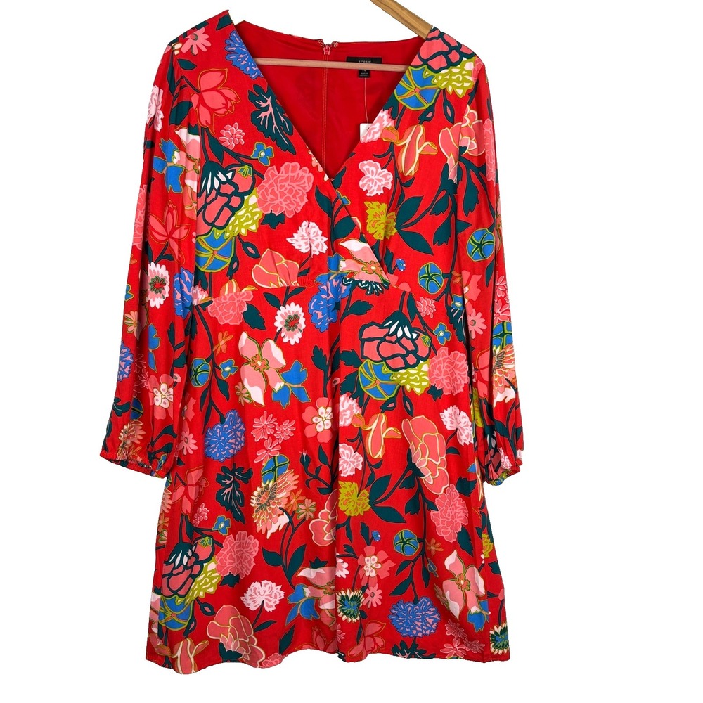 NWT‎ Women J Crew Faux Wrap Long Sleeve Midi Dress Sz 6 Red V-neck Preppy A-line